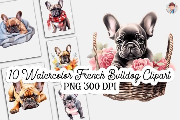 10 Watercolor French Bulldogs