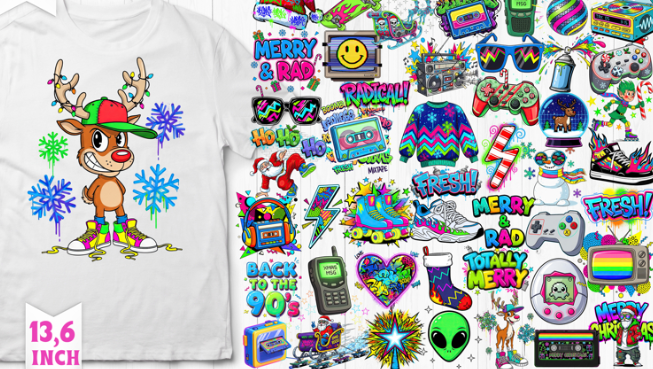 Retro 1990s clipart bundle | Graffiti and Neon Christmas PNG