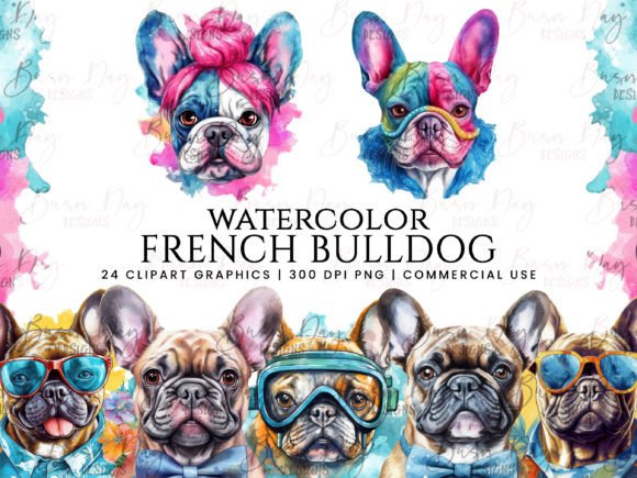Bright Watercolor French Bulldogs