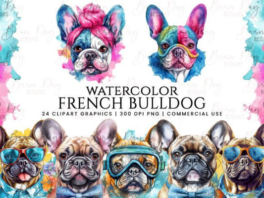 Bright Watercolor French Bulldogs